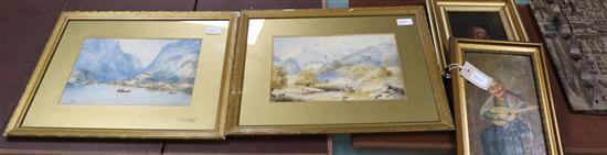 A pair of 19th century topographical watercolours and two small Continental oils on board
